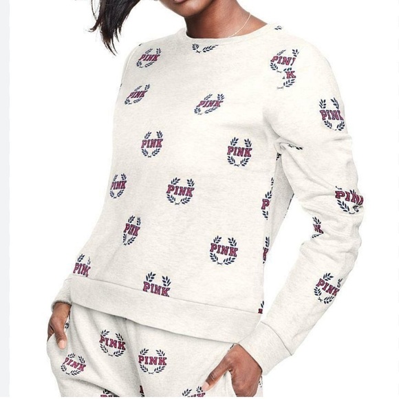 Victoria's Secret Pink Pullover Crest Logo + Matching Sweatpants Top M Bottom L - Picture 1 of 12
